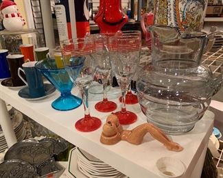 Art Deco pitcher and glasses, mid century coffee cups, Art Deco candy dish, Art Deco erotic salt and pepper shakers 