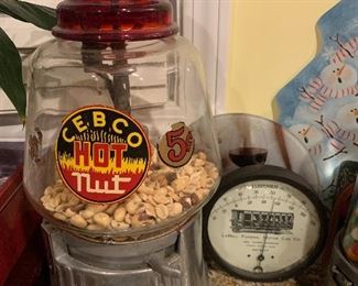 Antique CEBCO hot nut vending machine, turn of the century funeral home advertising thermometer 