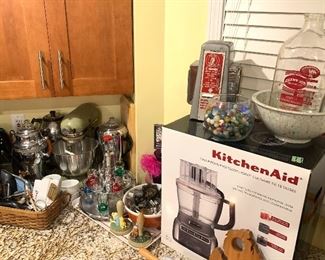 Kitchen Aid mixer, new in box food processor, vintage marbles, 