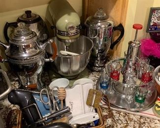 Mid century drink dispenser, miscellaneous kitchen utensils, art deco percolators, KitchenAid mixer