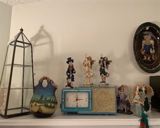 Three tier finial display case, vintage turquoise clock radio, Boyd’s bears angles and snowman 
