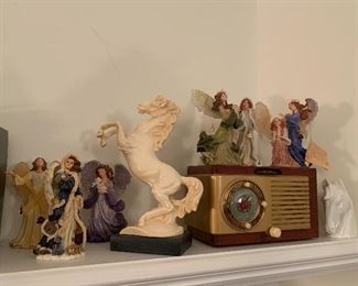 Horse statues, mid century clock radio, highly detailed angel figurines