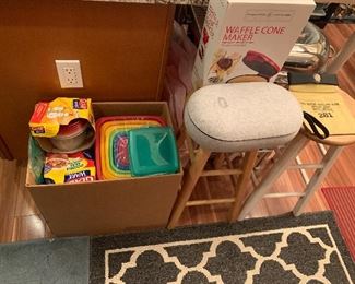 Large collection of Tupperware, stools, oculus virtual reality headset container, vintage bank bag with key