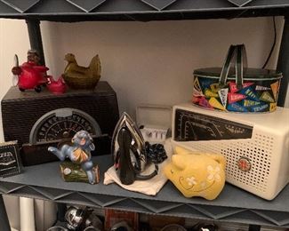 Atomic age (with symbol) General Electric bakelite radio, zenith radio, vintage piggy bank, antique travel iron