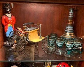 Black Americana liquor bottle, 1886 Benz, mid century I dream of genie decanter and glasses 
