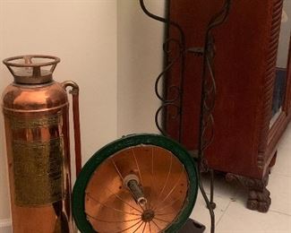 Decorative bowl, vintage heater, antique copper fire extinguisher 