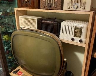Philco Predicta television restored and working, candlestick telephone, tube radios