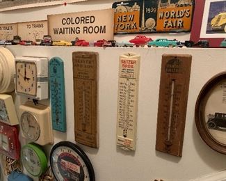 Worlds fair license plate, vintage thermometers car vintage clocks, antique cars models tin plastic metal 