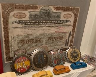 Radiator badges, railroad stock certificate 