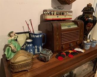Catalin poker chips, wedgewood, tin trolley car