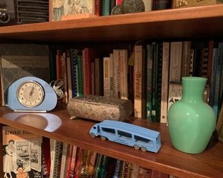 Art Deco mirrored clock, Music box, books