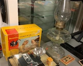 New in box brownie Hawkeye camera, oil lamp 