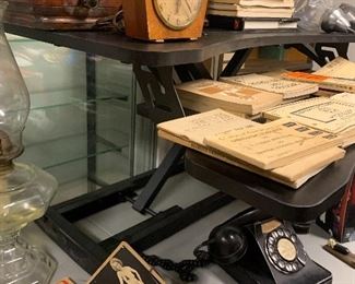 Adjustable standing desk, vintage clock