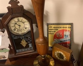 Art Deco clock, mid century lamp, Alkaseltzer advertisement 