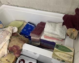 Towels, shower curtains, vintage massager 