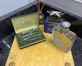 Marble display, cologne, vintage nail care set