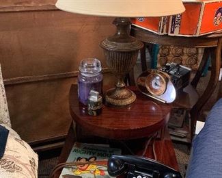 Mid century end table, 1940’s phone, Art Deco lighter and mirrored clock 