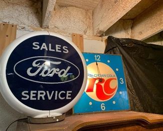 Ford service gas globe, RC cola clock