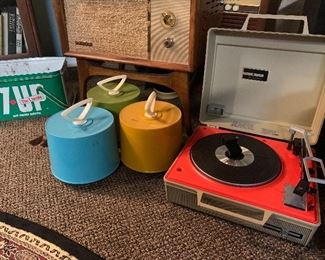 Mid century record player and record containers 