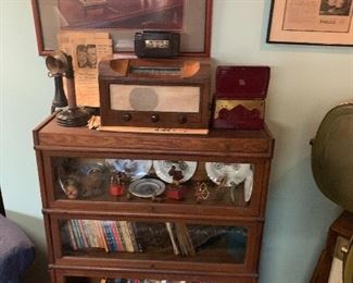 Barrister / lawyer book case, antique radios, candlestick phone, vintage books