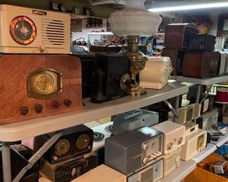 Antique radios, oil lamp, antique phone