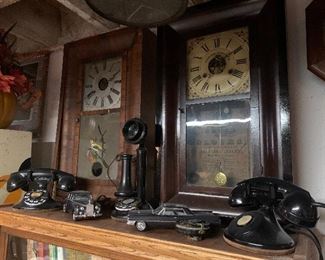 Antique clocks, phones, model cars 