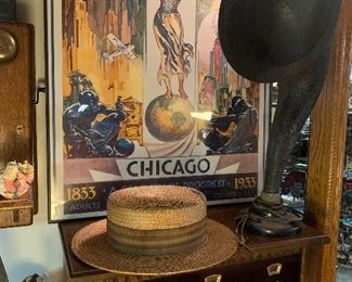 1920’s tube radio, horn speaker, Chicago worlds fair poster, straw hat