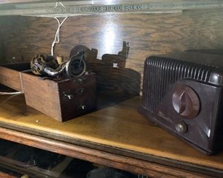 Small portable phonograph, Silvertone tube radio 