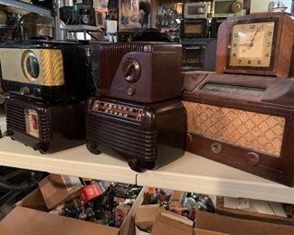 Antique radios, clock 