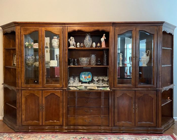 Hammary corner bookshelves (2 - ends); cabinet/enclosed bookshelves (2); bar (middle)