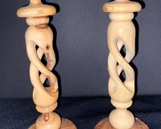 Hand carved olive wood candleholders