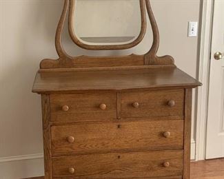 Antique Bow Front Oak Dresser with Tilting Beveled Mirror
