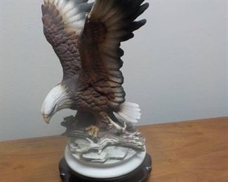 Porcelain Eagle Figurine on Wooden Pedestal