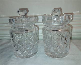 Pair of Pristine Waterford Lismore Jelly Condiment Jars with Lids