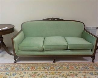 Victorian Sofa with Carved Mahogany Frame and Green velour Upholstery Brocade Trim
