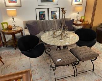 CLAM SHELL CHAIRS/GREY SOFA AND OTTOMANS