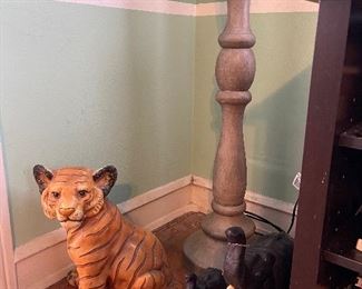 Vintage Tiger statue, wooden floor lamp