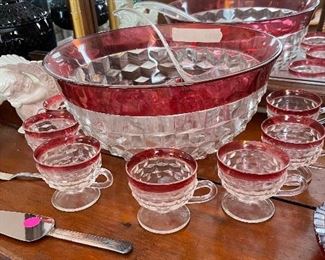 Large Ruby Flash footed cups punch bowl