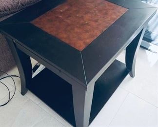 Dark Wood End Table w/ copper (colored) In-Lay is $35: 27" wide, 23" deep, 25 & 1/2" tall.