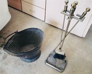Antique coal bucket and fireplace set $55