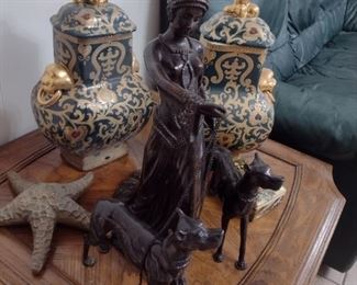 Bronze statue and Asian vases and bronze star fish