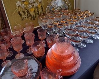 Pink and gold rimmed glassware