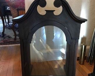 Colonial tall case clock, mahogany pinched waist, Westminster chime.