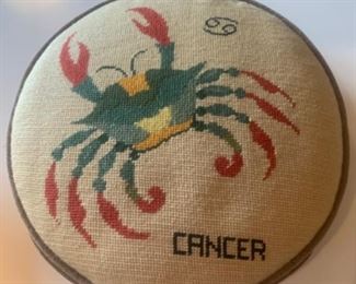#1031P. Needlepoint Cancer 15” round pillow $35