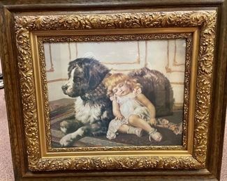 Girl with Dog Antique Picture