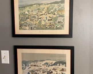 vintage Grandma Moses prints "Country Fair" & "Winter Twilight"