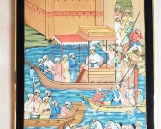 Late 19th Century Tempra on Silk "Maharajah in Boat" 47" x 22"