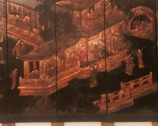 20th Century Chinese Hand Carved Leather on Lacquer  Wall Screen