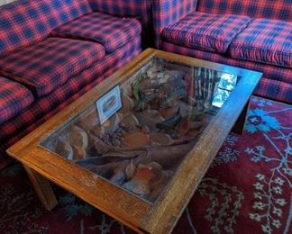 PLAID FURNITURE AND COFFEE TABLE WITH DETAILED CARVINGS