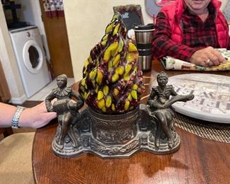 FRANK/NUART ART DECO HARLEQUIN BRONZE WASH RADIO LAMP with End of Day Flame Globe.  1920's